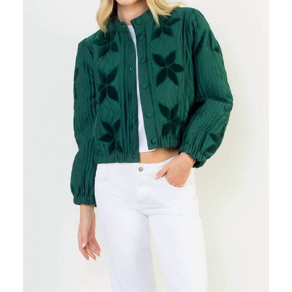 NEW THML velvet flower detail quilted jacket in green